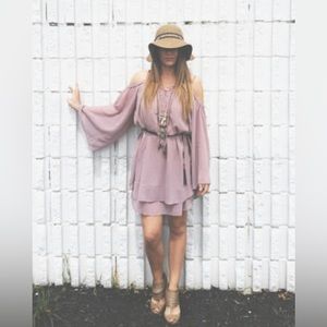 Mauve flowy long sleeve, open shoulder dress or top